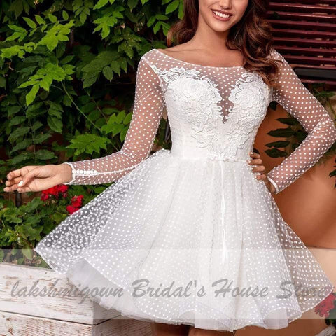 NumberSea Vintage Lace Short Wedding Dress Beach Long Sleeve Bridal Gowns