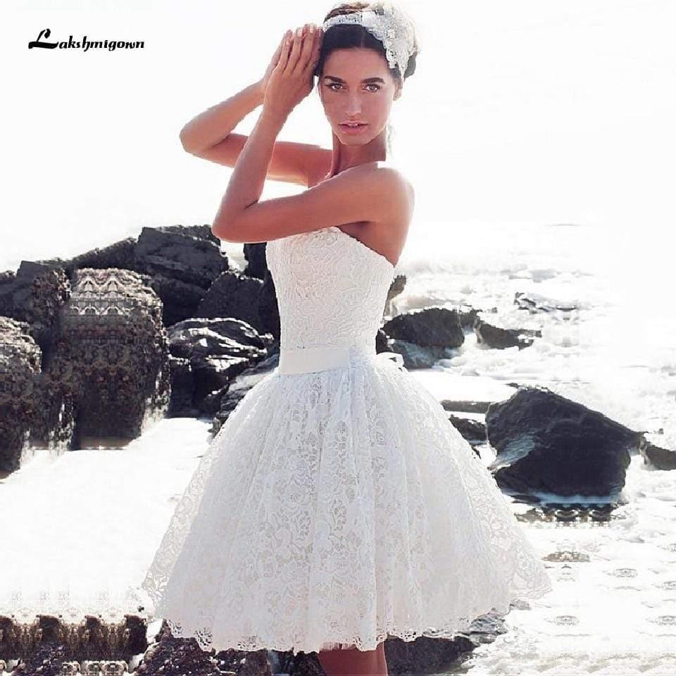 Vestido de novia corto de encaje vintage NumberSea, vestido de novia playero de verano sin tirantes