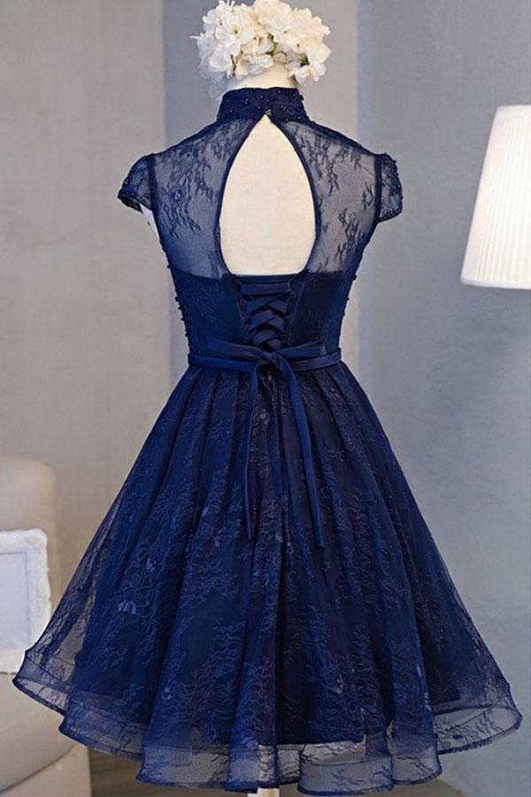 Vintage-Kleid in Marineblau mit kurzen Ärmeln für Homecoming und Partys