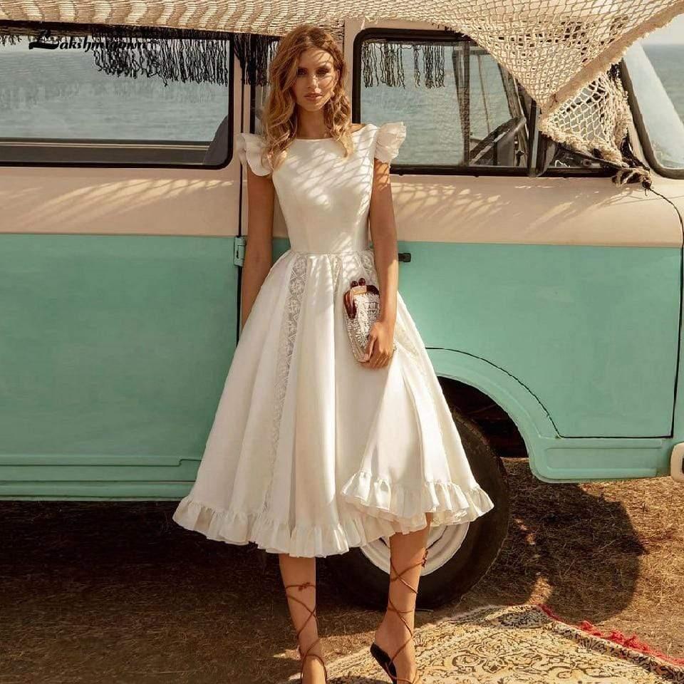 Vestido de novia de satén vintage NumberSea, largo hasta la rodilla, para playa y verano