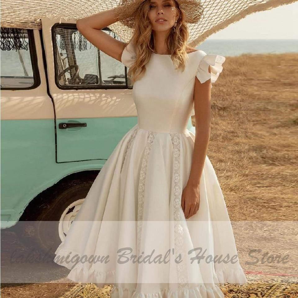 Vestido de novia de satén vintage NumberSea, largo hasta la rodilla, para playa y verano