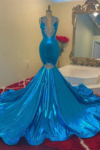 Vestidos de fiesta estilo sirena con escote en V, sin mangas y largo hasta el suelo con apliques de lentejuelas vintage