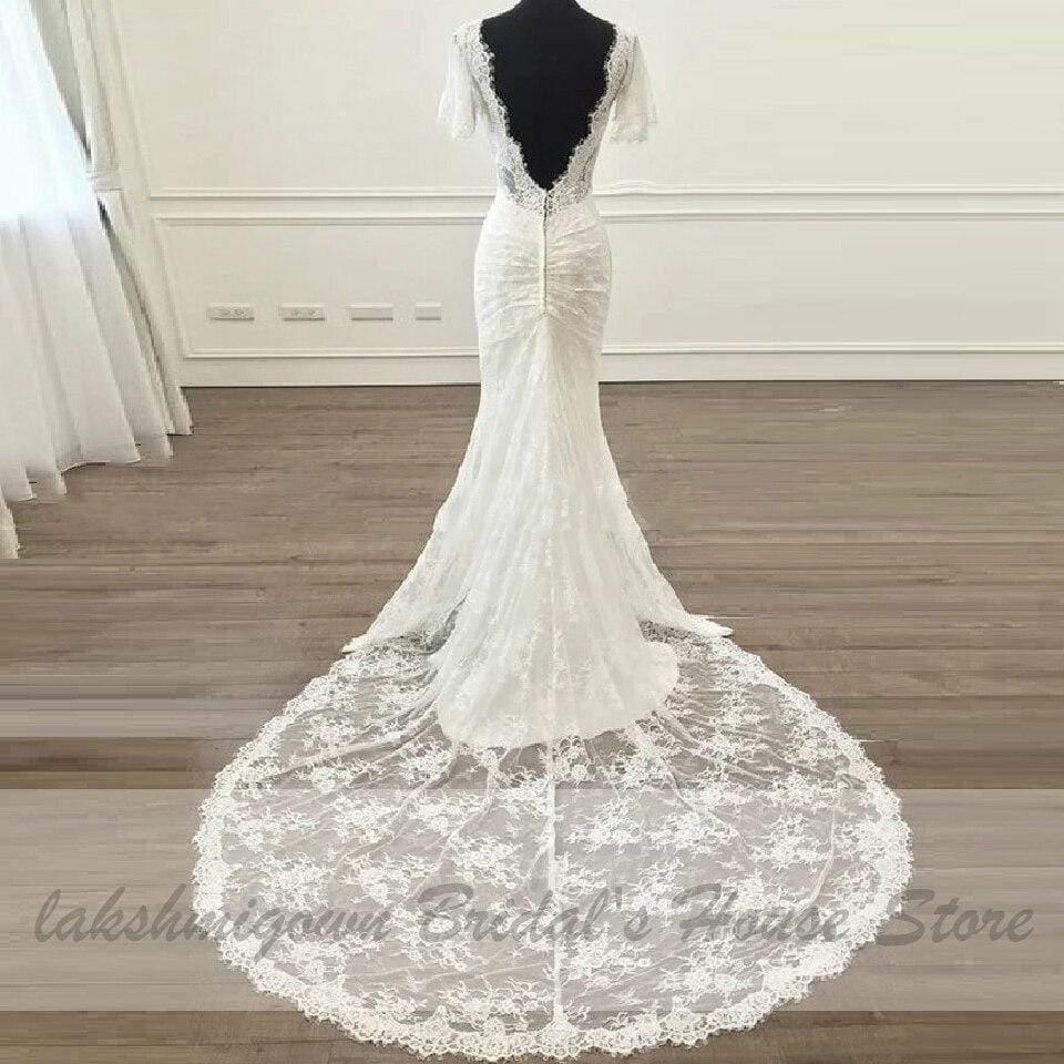 Vestido de novia vintage de encaje de manga corta estilo sirena de NumberSea