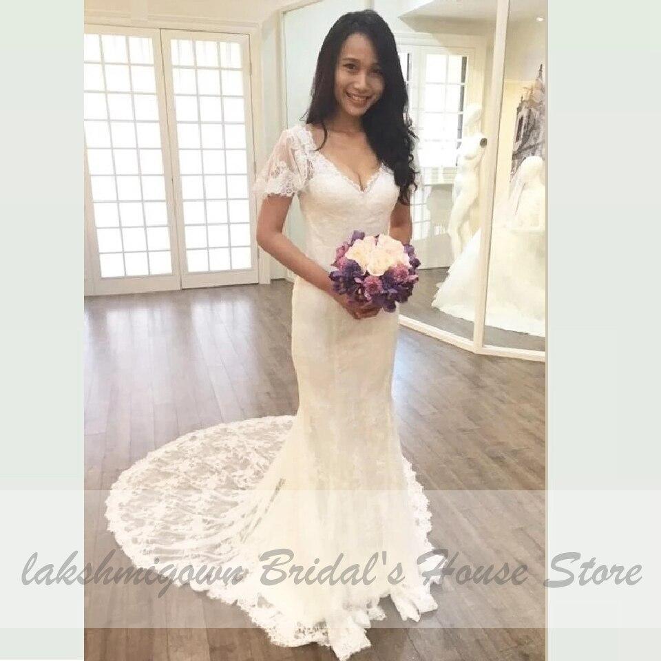Vestido de novia vintage de encaje de manga corta estilo sirena de NumberSea
