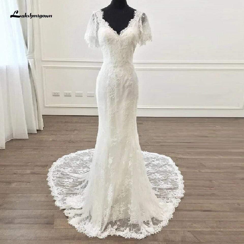 Vestido de novia vintage de encaje de manga corta estilo sirena de NumberSea