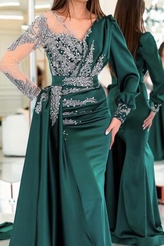 Vintage V-neck long sleeves column mermaid Prom dresses with ruffles