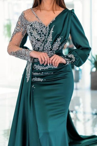 Vintage V-neck long sleeves column mermaid Prom dresses with ruffles