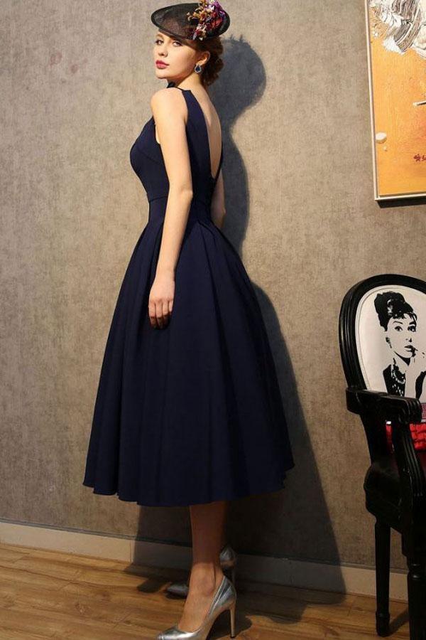 Vestidos de fiesta de satén azul marino con escote en V estilo vintage (PG183)