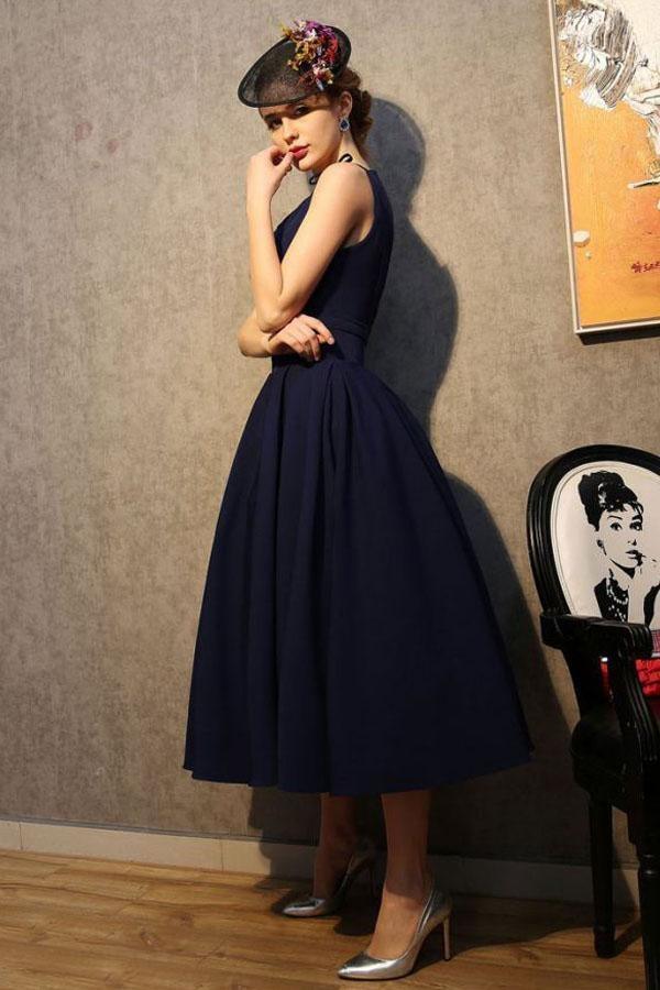 Vestidos de fiesta de satén azul marino con escote en V estilo vintage (PG183)