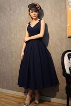Vestidos de fiesta de satén azul marino con escote en V estilo vintage (PG183)