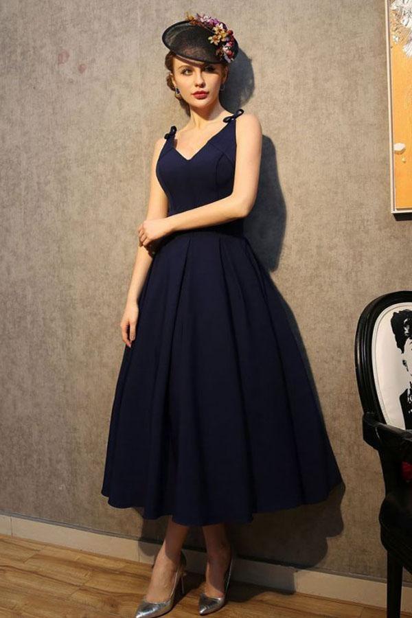 Vestidos de fiesta de satén azul marino con escote en V estilo vintage (PG183)