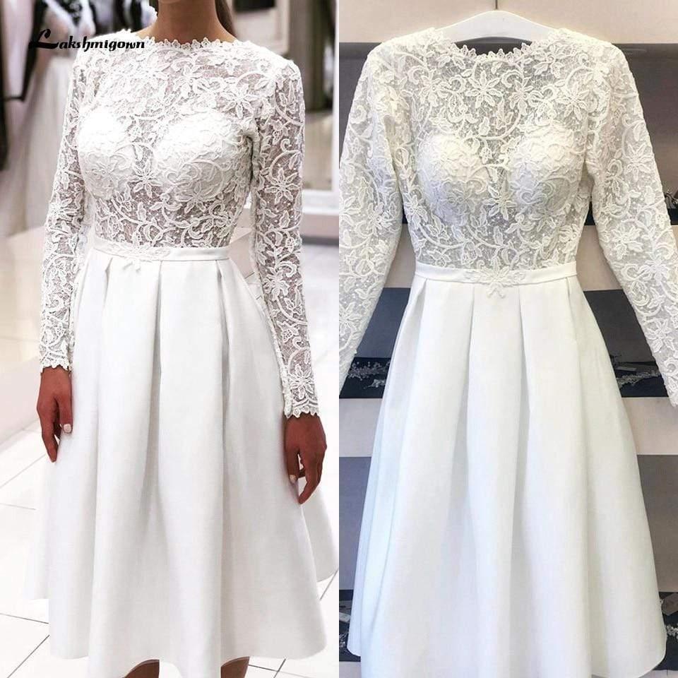 Vestido de novia vintage NumberSea corto elegante con apliques de encaje y manga larga