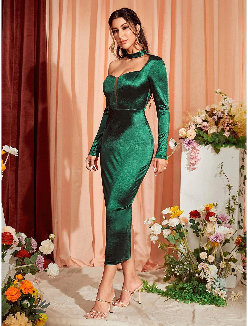 Meerjungfrau/Trompete Partykleider Sexy Kleid Hochzeit Party Semi Formal Tee Länge Langarm Eine Schulter Stretch Satin mit gerafftem Schlitz