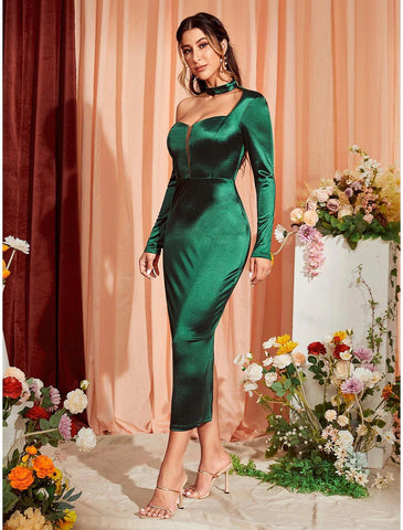 Meerjungfrau/Trompete Partykleider Sexy Kleid Hochzeit Party Semi Formal Tee Länge Langarm Eine Schulter Stretch Satin mit gerafftem Schlitz