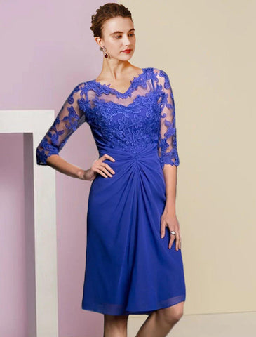 Vestido de dos piezas tipo tubo para madre de la novia, vestido formal para invitada de boda, estilo vintage, elegante, con escote en V, largo hasta la rodilla, de gasa, con encaje, manga media, con apliques