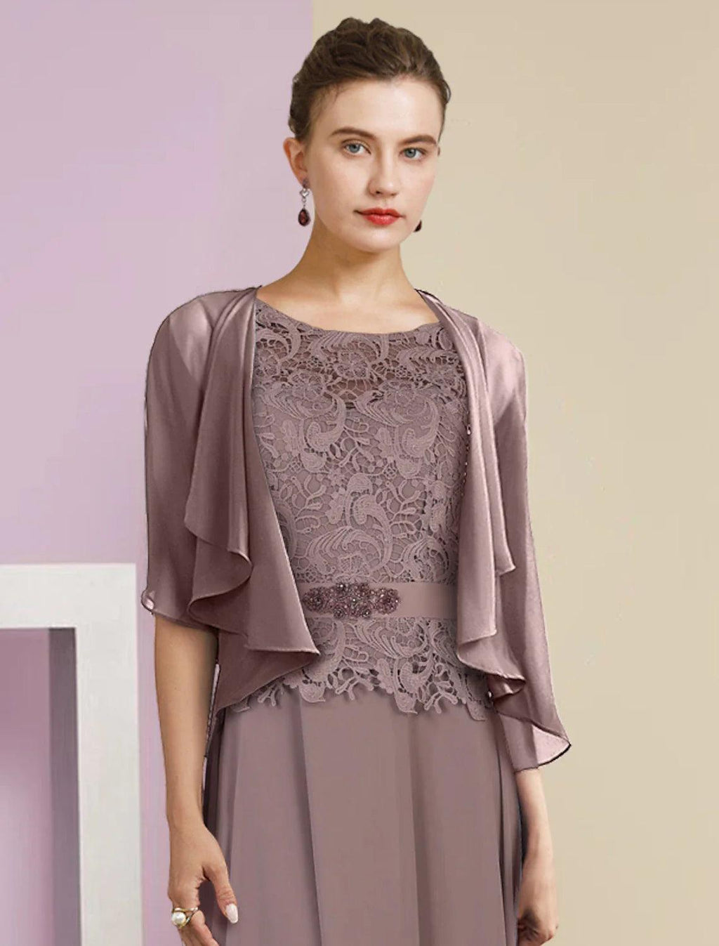 Vestido de dos piezas de corte A para madre de la novia, para invitada de boda formal, elegante, escote redondo, largo hasta el suelo, de gasa, con encaje, mangas 3/4, cruzado incluido con apliques, broche de cristal