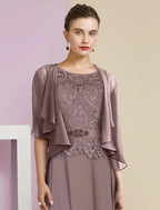 Vestido de dos piezas de corte A para madre de la novia, para invitada de boda formal, elegante, escote redondo, largo hasta el suelo, de gasa, con encaje, mangas 3/4, cruzado incluido con apliques, broche de cristal