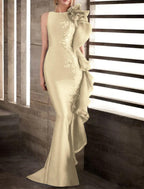 Abendkleid im Meerjungfrauen-/Trompeten-Stil, wunderschönes Rückenkleid, Verlobung, formeller Abend, Schleppe, ärmellos, Rundhalsausschnitt, Herbst, Hochzeitsgast, Stretch-Satin mit Applikationen