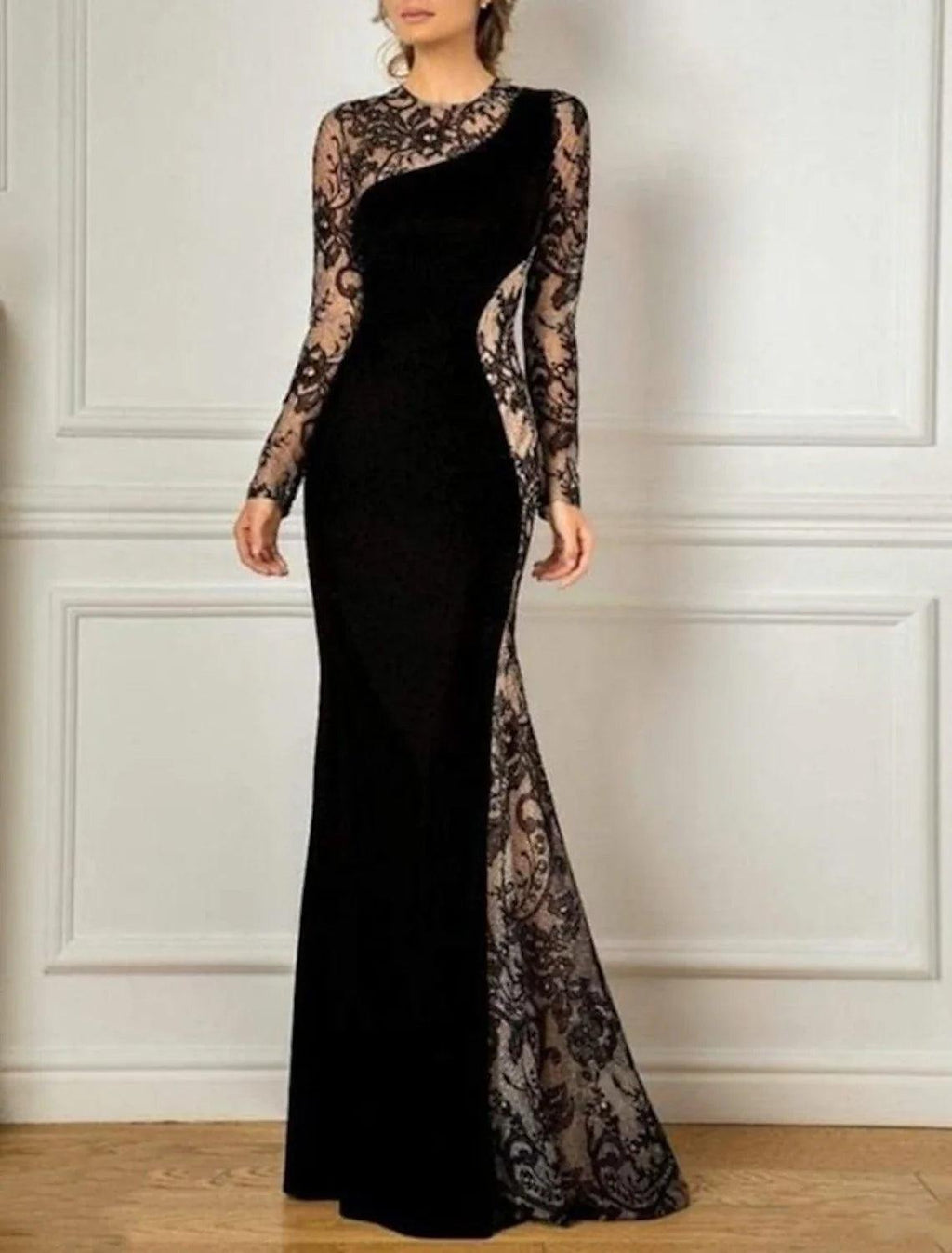 Vestido de sirena/trompeta para madre de la novia, elegante, para fiesta de invitados a bodas de otoño, cuello joya, largo hasta el suelo, encaje, terciopelo, manga larga, sin mangas, con apliques, bloque de color
