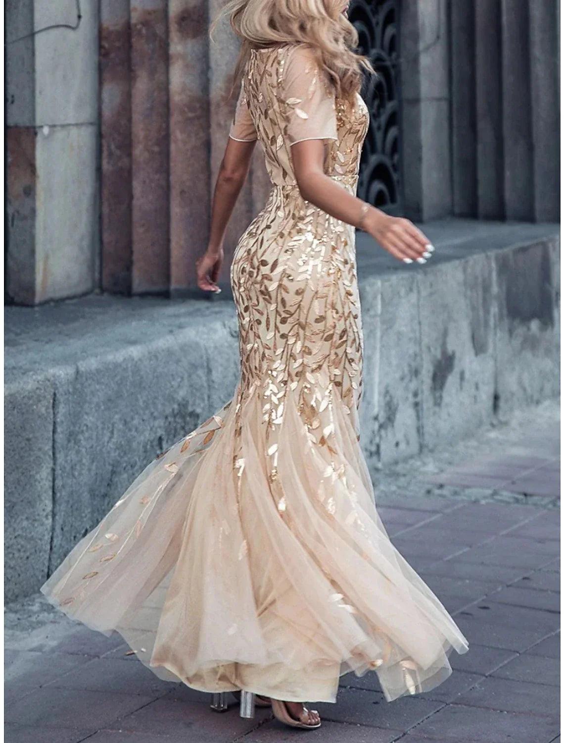 Vestido de sirena/trompeta para madre de la novia, para invitada de boda, brillo y resplandor, elegante, cuello joya, largo hasta el suelo, lentejuelas, manga corta con pliegues, lentejuelas