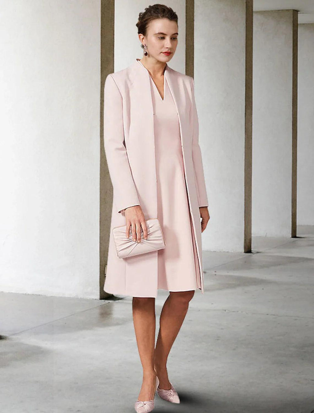 Vestido de dos piezas de corte A para madre de la novia, para invitada de boda, iglesia, elegante, cuello en V, largo hasta la rodilla, de gasa, manga corta, chaqueta, vestidos con color sólido, otoño