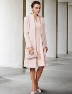 Vestido de dos piezas de corte A para madre de la novia, para invitada de boda, iglesia, elegante, cuello en V, largo hasta la rodilla, de gasa, manga corta, chaqueta, vestidos con color sólido, otoño