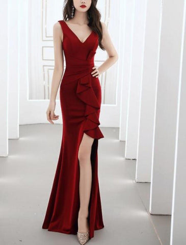 Meerjungfrau/Trompete, minimalistisch, elegant, für Hochzeitsgäste, formelles Abendkleid, V-Ausschnitt, ärmellos, bodenlang, Stretchstoff mit Rüschen, Schlitz