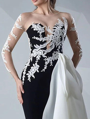 Meerjungfrau/Trompete Abendkleid Farbblock Kleid Formelle Hochzeit Gast Bodenlang Langarm Jewel Neck Satin mit Applikationen