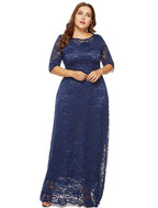 Etui-Linie/Säulenkleid in Übergröße, weiß, für die Feiertage, Hochzeitsgäste, Rundhalsausschnitt, halbe Ärmel, bodenlang, Spitze mit Spitzeneinsatz