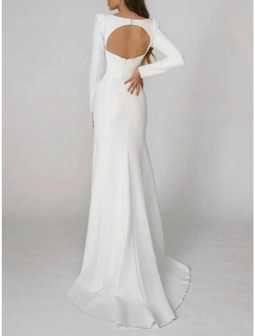 Abendkleid im Meerjungfrauen-/Trompeten-Stil, elegantes Kleid, formelle Schleppe, lange Ärmel, quadratischer Ausschnitt, Stretch-Stoff mit Falten