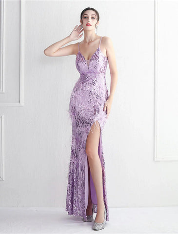 Mermaid / Trumpet Evening Gown Sparkle & Shine Dress Formal Wedding Guest Floor Length Sleeveless Spaghetti Strap Sequined with Beading Sequin Slit