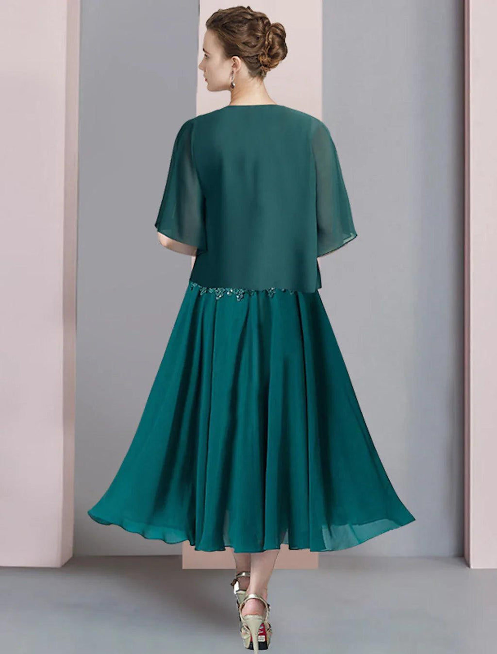 Zweiteiliges A-Linien-Kleid für die Mutter der Braut, formelle Hochzeitsgäste, eleganter V-Ausschnitt, wadenlanges Chiffon-Spitzenkleid mit kurzen Ärmeln und Pailletten-Applikationen