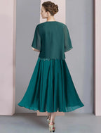 Zweiteiliges A-Linien-Kleid für die Mutter der Braut, formelle Hochzeitsgäste, eleganter V-Ausschnitt, wadenlanges Chiffon-Spitzenkleid mit kurzen Ärmeln und Pailletten-Applikationen
