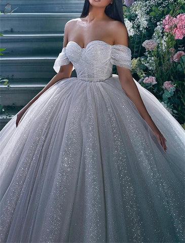 Verlobungs-Hochzeitskleider mit Glitzer und Glanz, Ballkleid, schulterfrei, Flügelärmel, Kapellenschleppe, Pailletten-Brautkleider mit Volltonfarbe