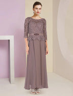 Vestido de dos piezas de corte A para madre de la novia, para invitada de boda formal, elegante, escote redondo, largo hasta el suelo, de gasa, con encaje, mangas 3/4, cruzado incluido con apliques, broche de cristal