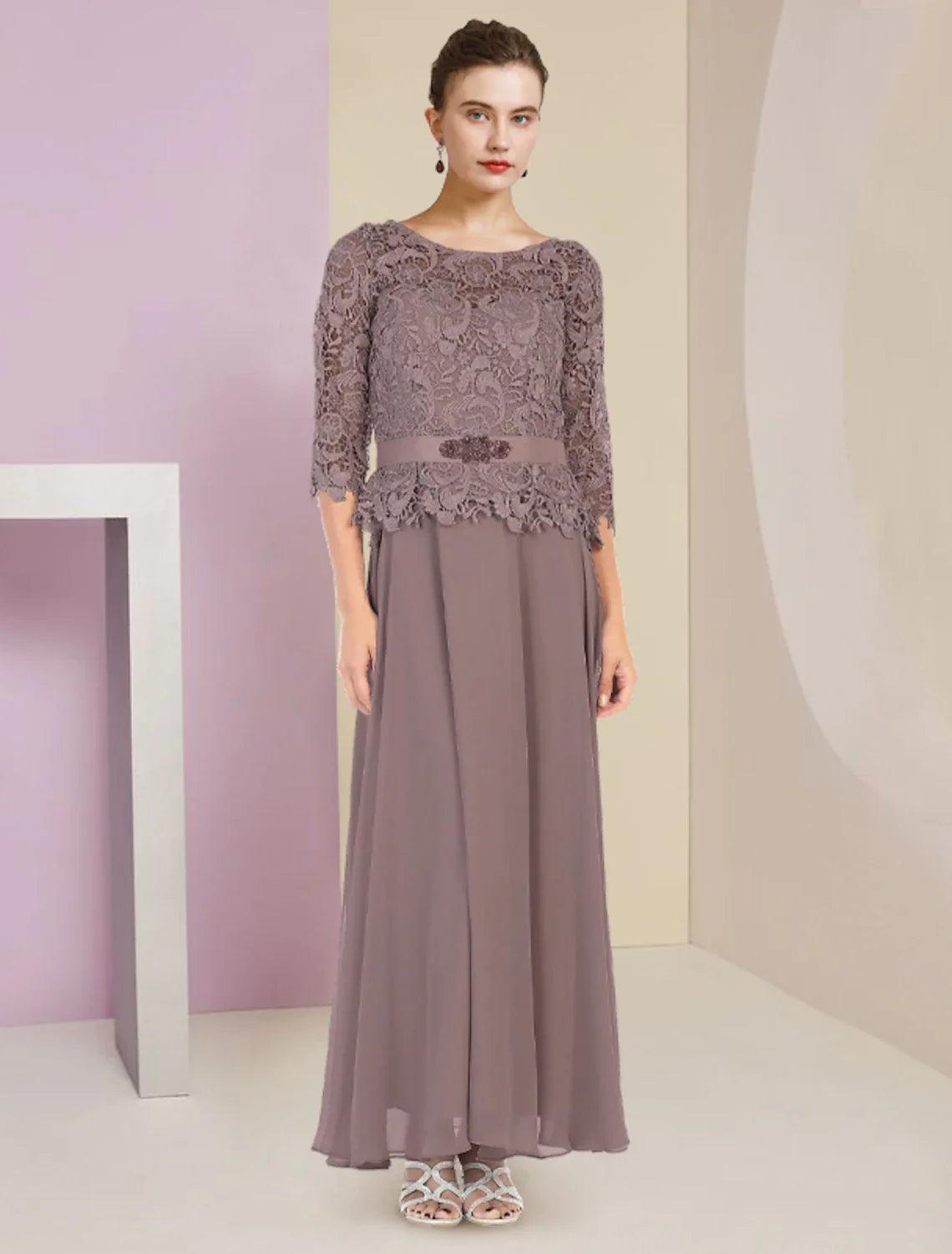 Vestido de dos piezas de corte A para madre de la novia, para invitada de boda formal, elegante, escote redondo, largo hasta el suelo, de gasa, con encaje, mangas 3/4, cruzado incluido con apliques, broche de cristal
