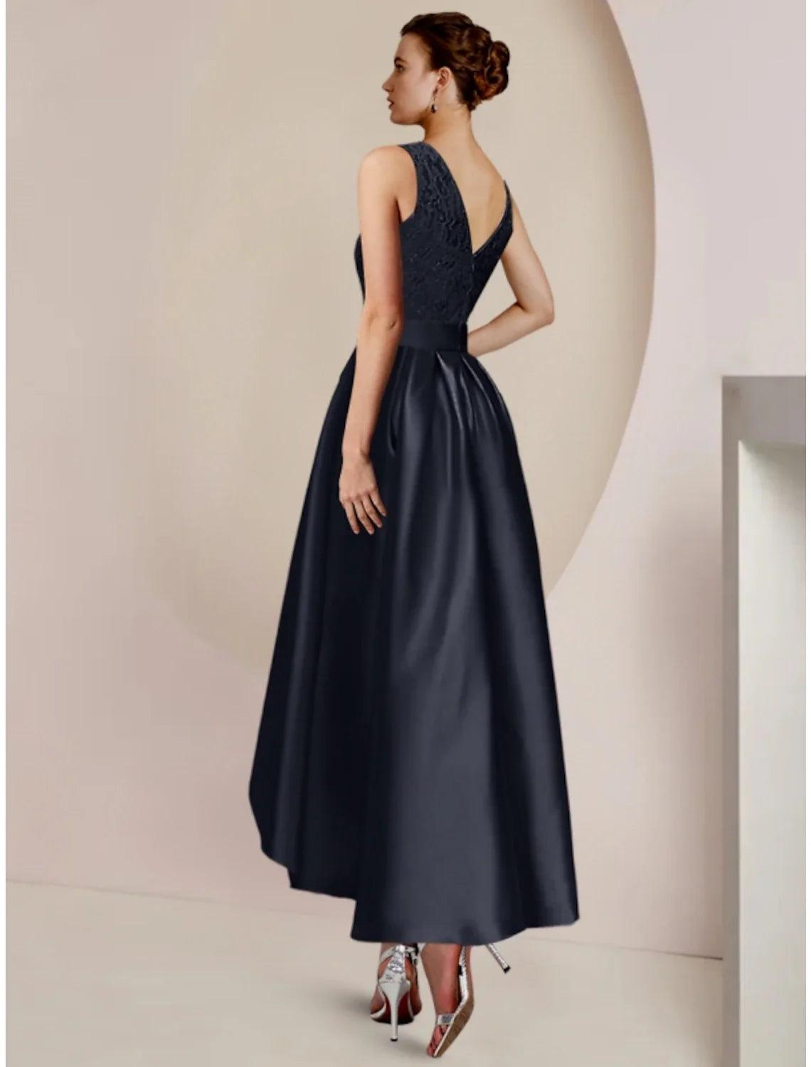 Etuikleid / Säule Kleid für die Brautmutter Hochzeitsgast Minimalistisch Elegant Rundhalsausschnitt Asymmetrisch Knöchellang Satin Spitze Halbarm mit Falten Volltonfarbe