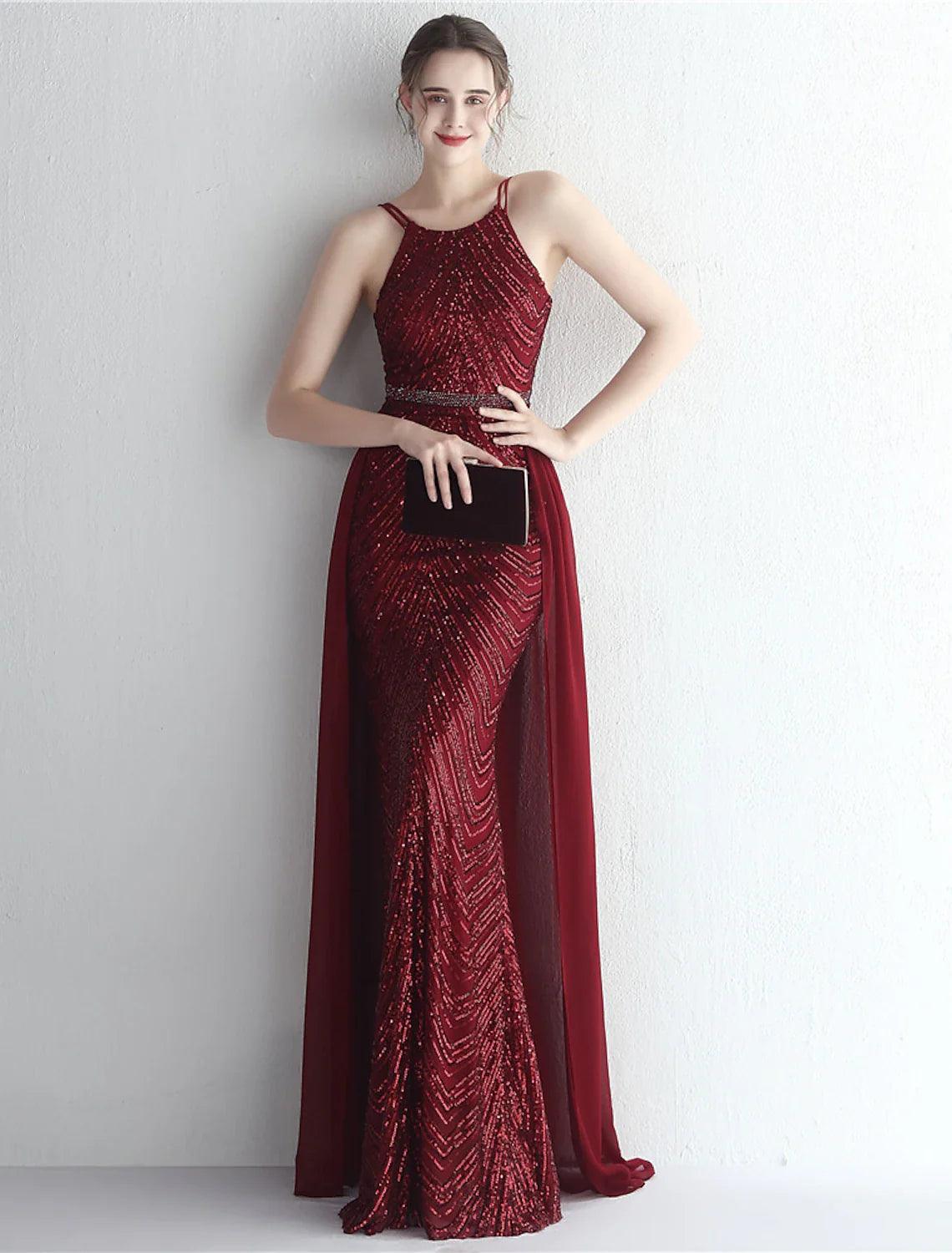 Vestidos de fiesta de sirena/trompeta con brillo y brillo, vestido formal para invitados de boda, largo hasta el suelo, sin mangas, cuello halter, gasa con cuentas y lentejuelas