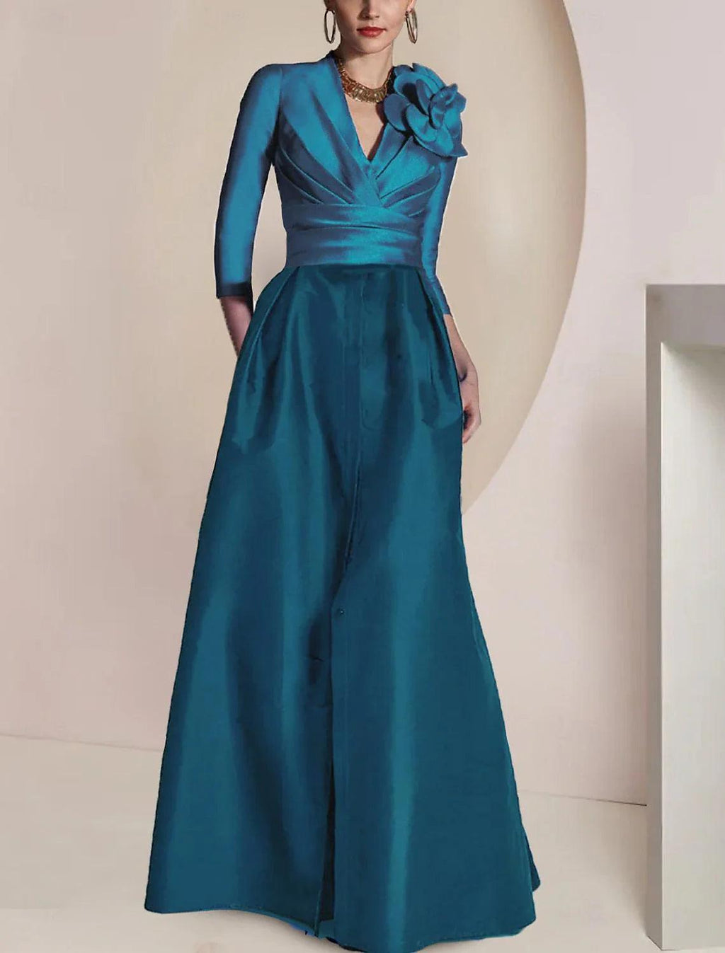 Vestido elegante vintage para invitada de boda, fiesta, escote joya, escote en V, largo hasta el suelo, de gasa, manga 3/4, media manga con drapeado fruncido y abertura frontal para madre de la novia