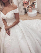 Vestidos de novia formales de compromiso, vestido de fiesta, hombros descubiertos, manga corta, cola capilla, vestidos de novia de encaje con apliques, fiesta de bodas de verano y otoño