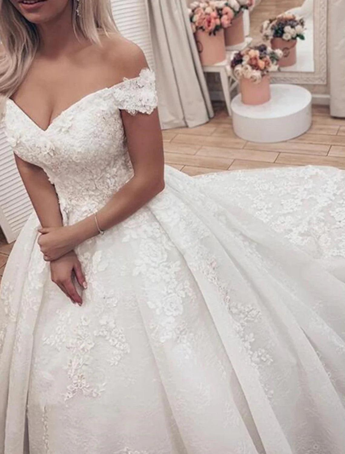 Vestidos de novia formales de compromiso, vestido de fiesta, hombros descubiertos, manga corta, cola capilla, vestidos de novia de encaje con apliques, fiesta de bodas de verano y otoño
