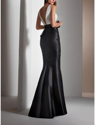 Meerjungfrau/Trompete Kleid für die Brautmutter, Hochzeitsgast, Party, Vintage, elegant, Rundhalsausschnitt, bodenlang, Satin, ärmellos, mit Schleife(n), Applikationen