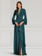 Etui-/Säulen-Abendkleid, elegantes Kleid, formelle Cocktailparty, bodenlang, lange Ärmel, V-Ausschnitt, Herbst, Hochzeitsgast, Stretchstoff mit Rüschen