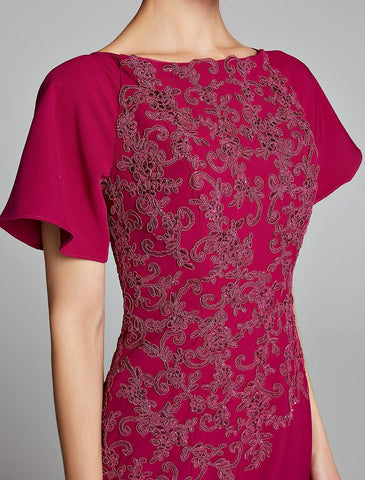 Meerjungfrau/Trompete Kleid für die Brautmutter, U-Boot-Ausschnitt, bodenlang, Chiffon, Spitze, kurze Ärmel, mit Spitze, Schlitz vorne