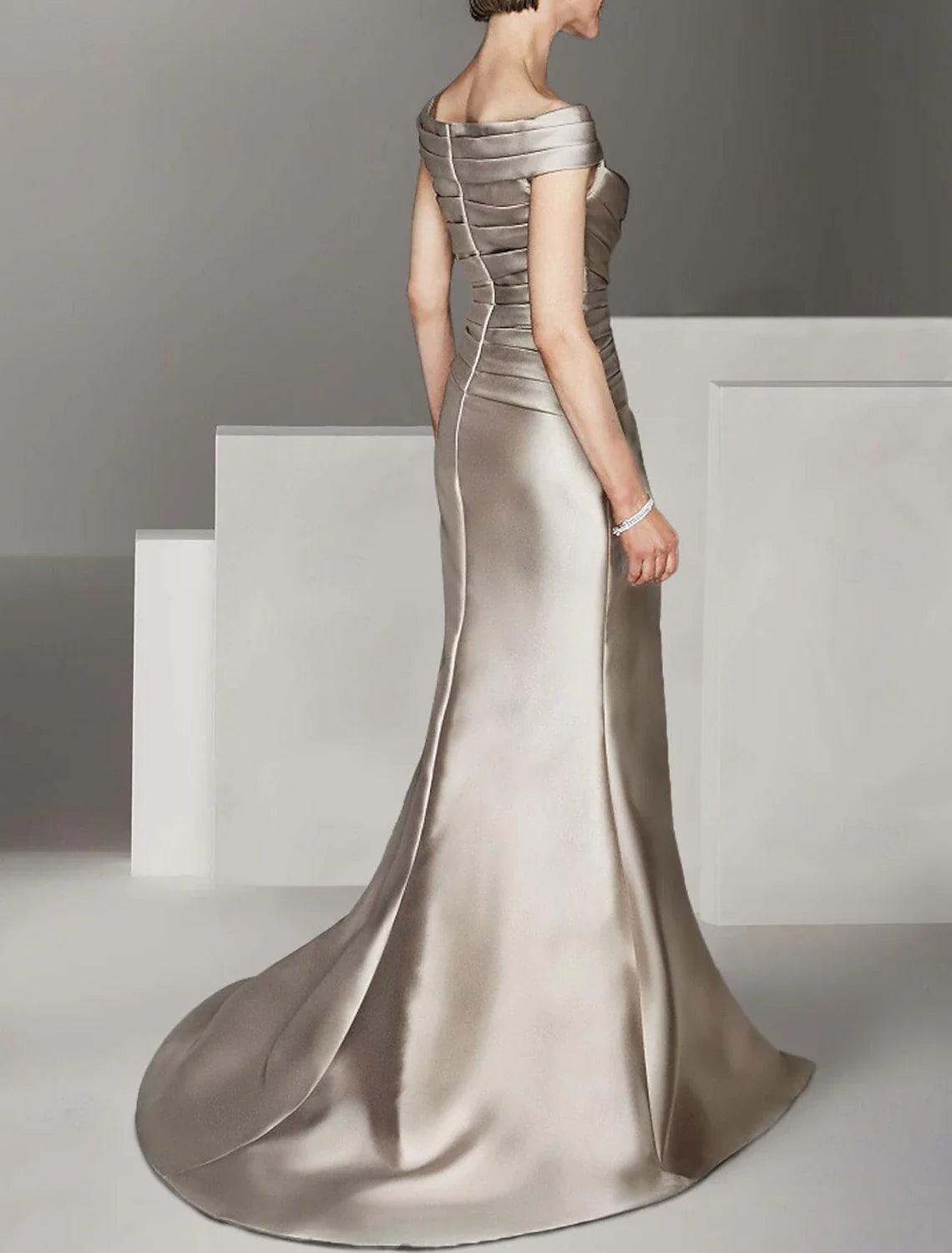 Vestido de novia elegante con escote redondo, hombros descubiertos, largo hasta el suelo y hasta los tobillos, de satén italiano, con mangas cortas y fruncido para invitada de boda.