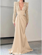 Mermaid / Trumpet Evening Gown Champagne Sparkle & Shine Dress Formal Sweep / Brush Train Long Sleeve V Neck Satin with Pleats Sequin