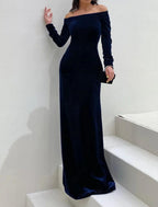 Etuikleid/Säulen-Abendkleid, minimalistisches Kleid, formeller Abend, bodenlang, langärmelig, schulterfrei, Herbst, Hochzeitsgast, Samt mit glattem