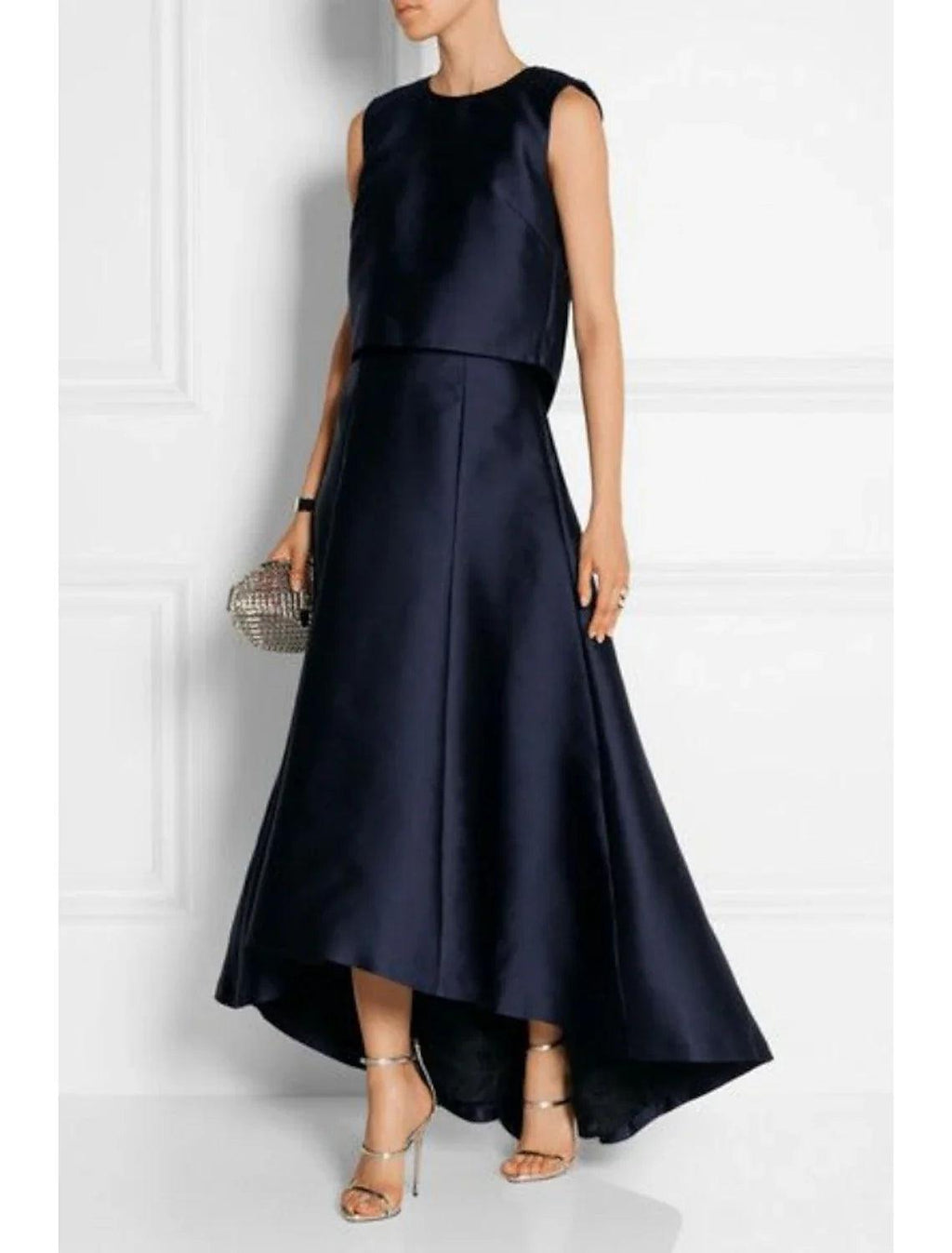 Vestido de dos piezas para madre de la novia, estilo tubo/columna, sencillo, elegante, con escote joya alto y bajo, asimétrico, de tafetán, sin mangas y pliegues, color liso