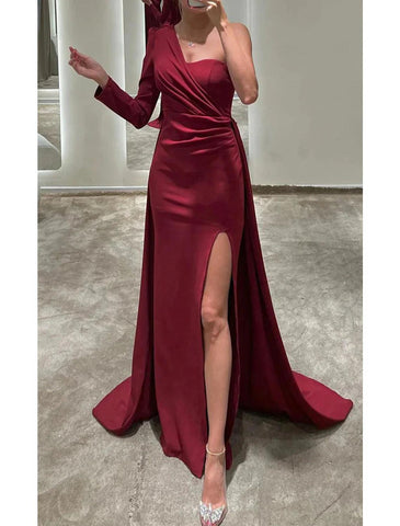 Meerjungfrau/Trompete Abendkleid, elegantes Kleid, formell, Weihnachten, bodenlang, lange Ärmel, eine Schulter, Herbst, Hochzeitsgast, Stretchstoff mit gerüschtem Schlitz