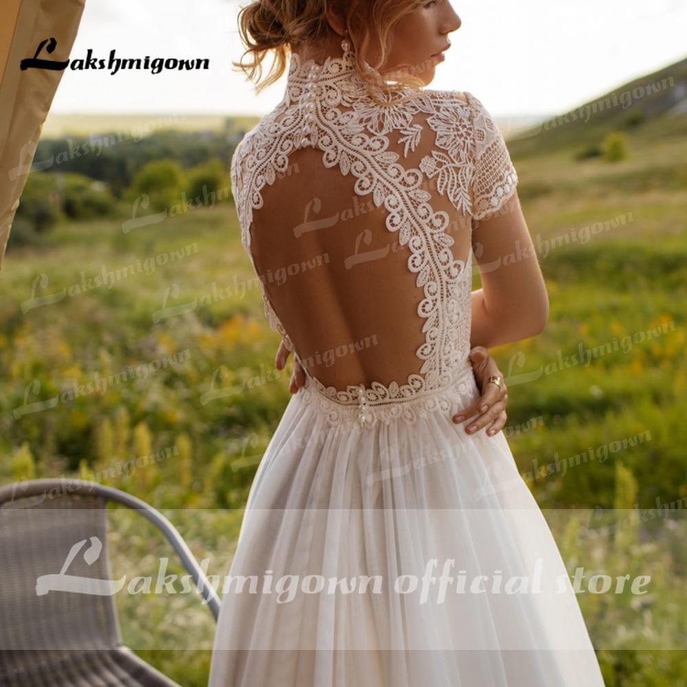 Vestido de novia NumberSea con encaje, tul, cuello alto, mangas casquillo, corte A
